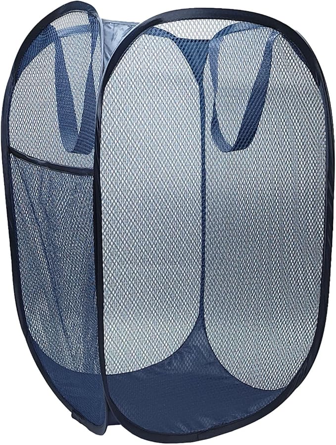 The upgraded pop-up laundry basket features a breathable side pocket mesh design, making it ideal for rooms, apartments, dormitories, travel, business trips, and children's storage (1, Dark blue)