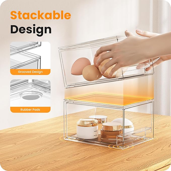 A-LuGei 【𝟰𝗣𝗖𝗦】 Acrylic Stackable Storage Drawers, 7.5" L Makeup Organizer, Bathroom Organizer and Storage, Plastic Storage Bins for Kitchen Cabinet Pantry Medicine Fridge