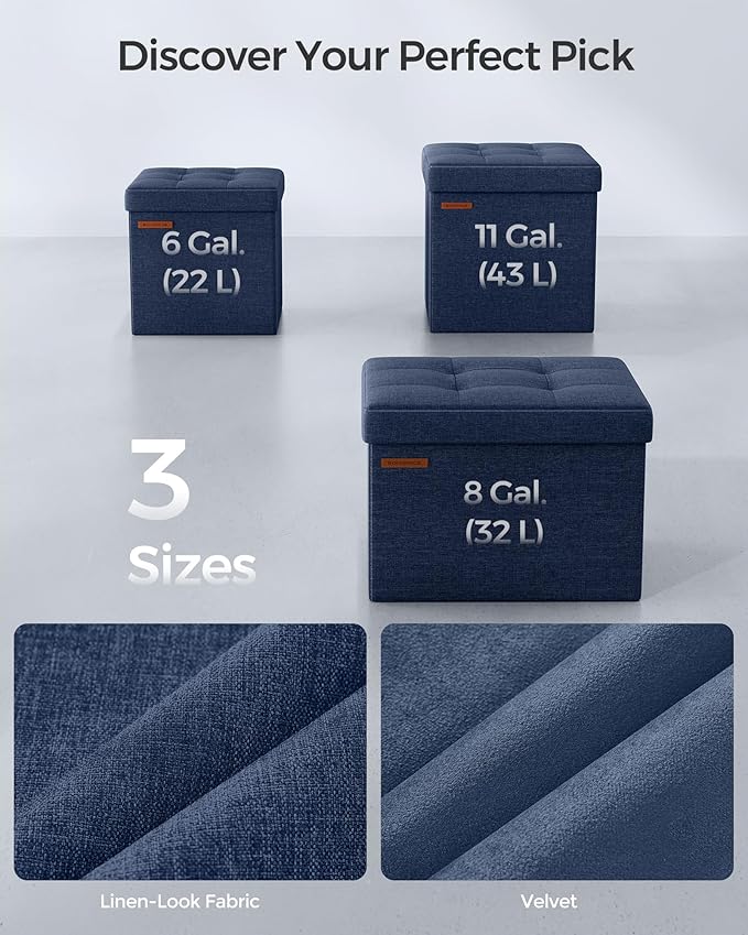 SONGMICS Storage Ottoman, Foldable Small Ottoman Foot Rest, 11.8 Inches Foot Stool, Cube Ottoman with Storage, Load up to 286 lb, for Living Room, Bedroom, Dorm, Midnight Blue ULSF028Q02