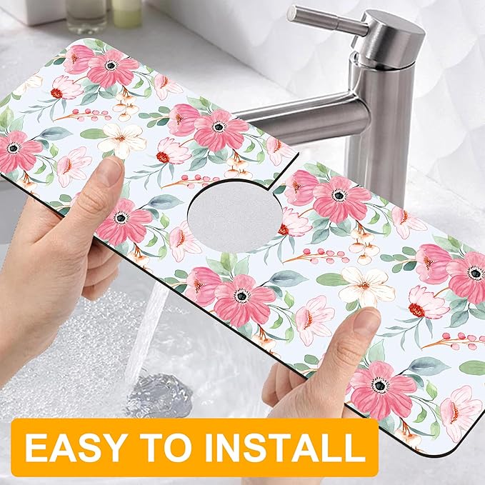 2 Pack Watercolor Floral Sink Faucet Absorbing Mat White Pink Flowers Super Absorbent Fast Drying Mat Sink Gadgets Behind Faucet Sinkmat for Kitchen Bathroom, 15.5"x5.5"