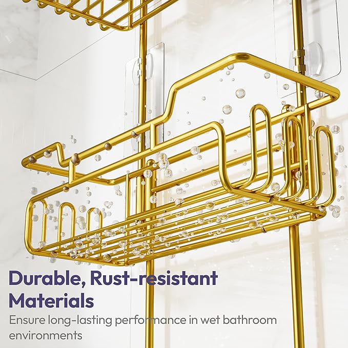 SWTYMIKI Bathroom Shower Caddy Hanging - 3 Tier Rustproof Over Shower Head Organizer, No Drilling Bathroom Shelf with 16 Hooks & Soap Holder, Anti-Swing Rack for Shampoo,Sponge,Towel, Gold
