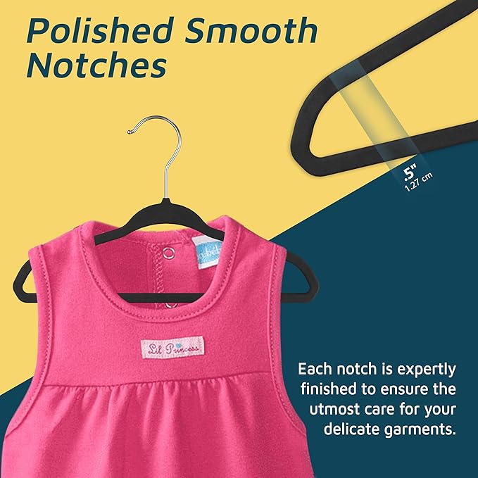 Black Velvet Kids Hangers 20 Pack, 10.83" Non-Slip Baby & Toddler Hangers for Clothes, Space-Saving Slim ABS Plastic with 360° Swivel Hook & Notched Shoulders, Up to 10 lb Capacity