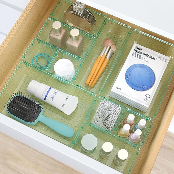 13 PCS Clear Plastic Drawer Organizers Set, 4 Size Desk Drawer Organizer Trays for Makeup, Jewelry, Kitchen Utensils, Gadgets and Office Accessories, Sea Blue
