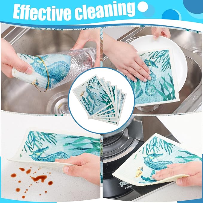 6 Pcs Swedish Kitchen Dish Towels Kitchen Cloths Reusable Sponge Cleaning Cloths Absorbent Dish Cloth Quick Drying Washable Cleaning Wipes No Odor Hand Towel (Marine Life)