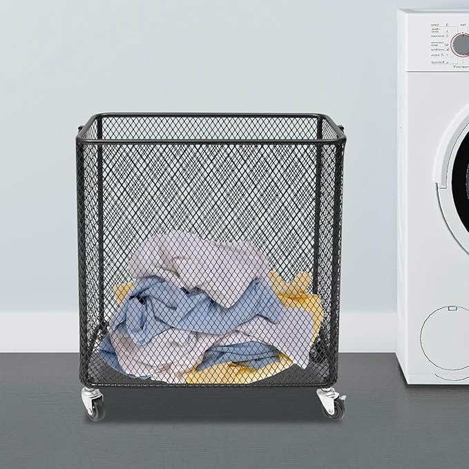 Black Metal Laundry Basket with Wheels, Rolling Laundry Hamper Cart Metal Mesh Laundry Clothes Sorter Storage Cart Organizer Basket Durable for Home
