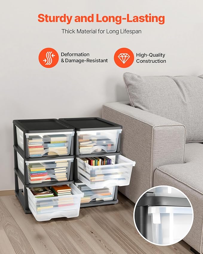 VEVOR Plastic Storage Drawers, 2 Pack Storage Organizer Drawer, 6 Drawers Closet Organization and Storage Dividers, Dresser Organizer Clear Bins for Office Supplies, Craft Rooms, Classrooms and Home