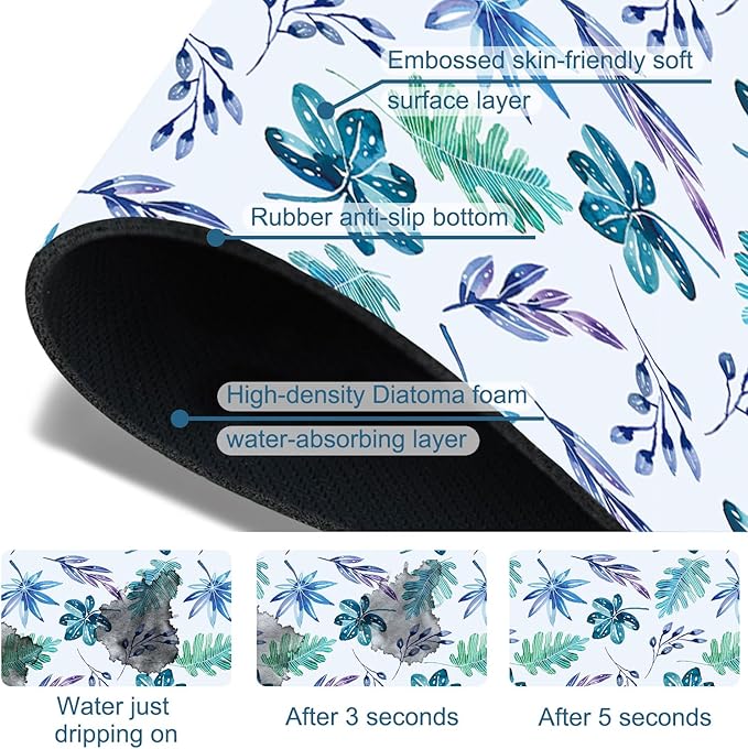 Watercolor Leaves Sink Splash Guard Faucet Mat Tropical Leaves Super Absorbent Fast Drying Mat Sink Gadgets-Splash Guard Behind Faucet Drip Catcher for Kitchen Bathroom, 15.5"x5.5"