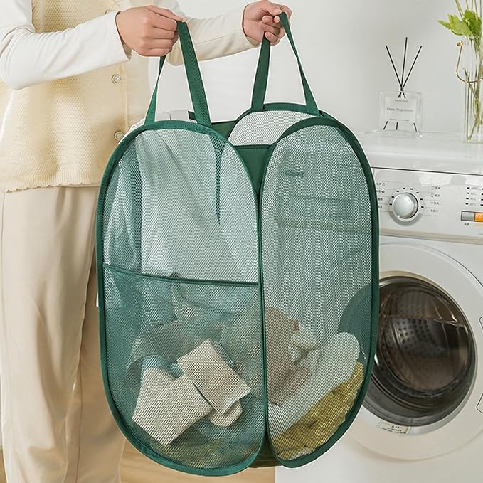 Pop Up Laundry Hamper Thick Mesh Collapsible Laundry Baskets, Large Side Pocket, Strong Handles, Travel Friendly for Cruise, RV (Green+Pink)