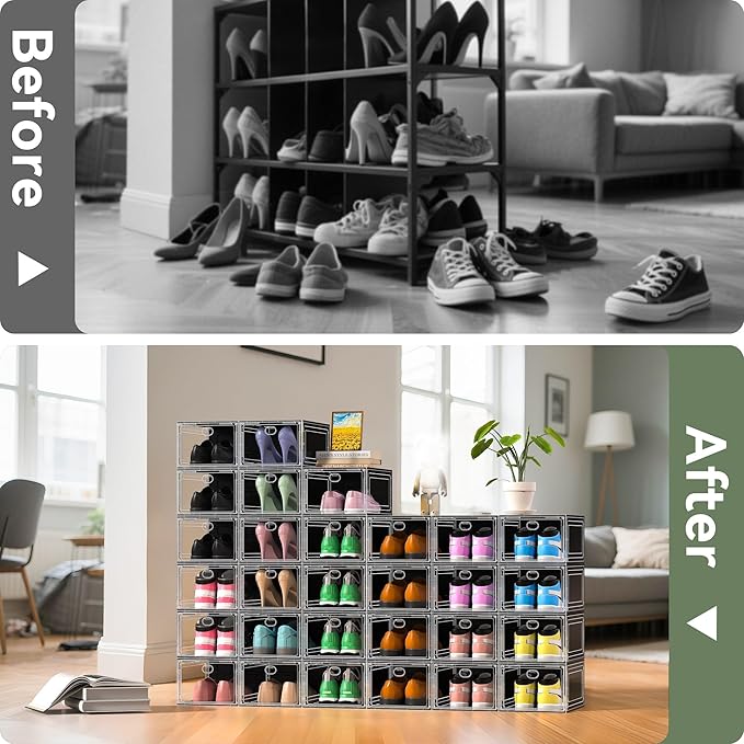 ALCCB Thicken Hard Clear Shoe Storage Organizer for Closet, 10 Pack Modular Plastic Stackable Shoe Storage Box Organizer, Shoe Sneaker Rack Display Case Containers Bins with Lids, Black Clear