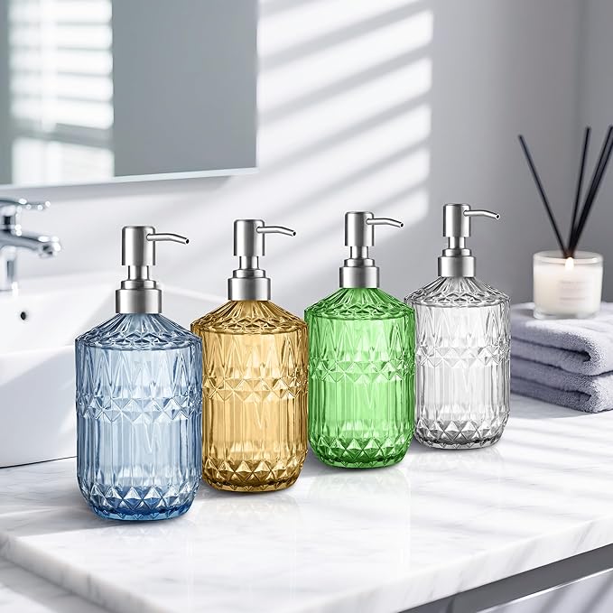 Kaishun 13 Oz Refillable Soap Dispenser, Glass Soap Dispenser for Dispense Hand Soap, Dish Soap, Lotion (Blue)