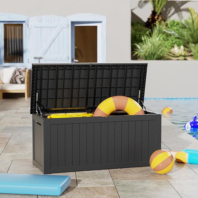 Outdoor Storage Box Waterproof, 270 Gallon Lockable Resin Deck Box Large, Patio Storage Bin for Pool Accessories Cushion Furniture, Garden Tools, UV-Resistant Outside Delivery Black