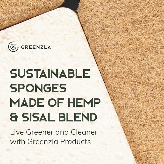 Greenzla Kitchen Sponges, Odor Free Plant-Based Dish Sponges, Non-Scratch Sisal Hemp Scouring Pads for Dishes, Countertops, Bathtubs, and Tiles, 6 Pack