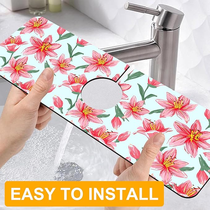 2 Pack Vintage Flowers Leaves Sink Faucet Absorbing Mat Colorful Llilies Super Absorbent Fast Drying Mat Sink Gadgets Behind Faucet Sinkmat for Kitchen Bathroom, 15.5"x5.5"