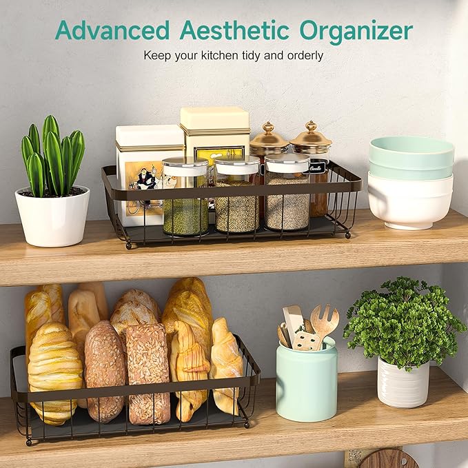 2 Tier Large Fruit Basket for Kitchen Counter with 2 Mobile Banana Hangers, 2026 Pro Detachable Metal Fruit Bowl with Wooden Handle (Brown, 2 Tier)
