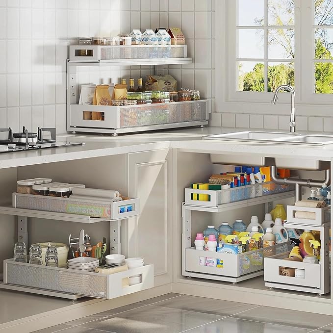 Corbyles 2 Pack 21.3IN-Depth Under Sink Organizer With Next-Gen Ball-Bearing Slides,2-Tier Pull Out Cabinet Storage,Height Adjustable Drawer Shelf for Bathroom,Kitchen,Laundry,Cabinet,Pantry-White