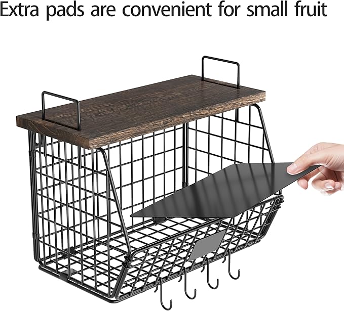 2 Pack Hanging Wall Fruit Basket for Kitchen Counter, Stackable Wire Basket for Fruit, Vegetable, Potato and Onion Storage, Wall-Mounted Fruit Holder with Wood Lid, Banana Hooks & Metal Handles