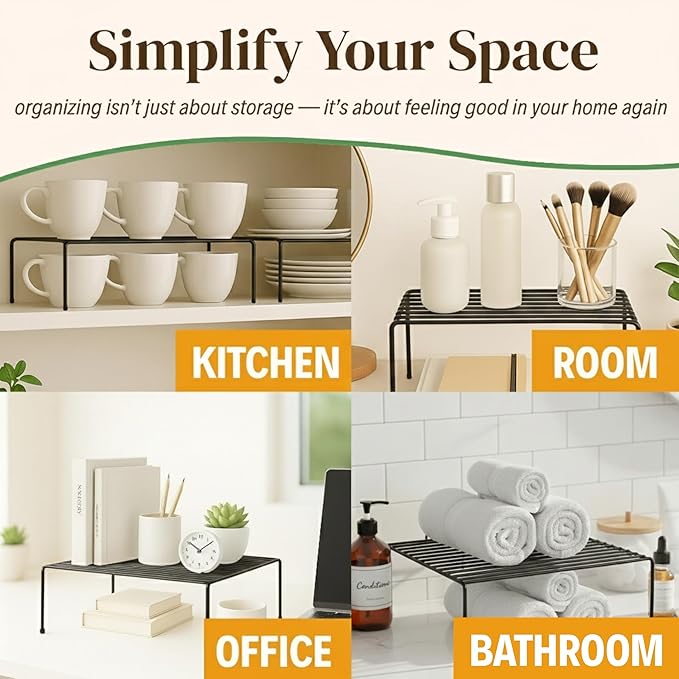 Evelots Kitchen Cabinet Wire Shelf Organizer/Rack - 2 Pack Sturdy Metal Shelf Risers - Double Your Counter Space - Great for Kitchen, Freezer, Pantry and Bathroom - Rustproof - Black