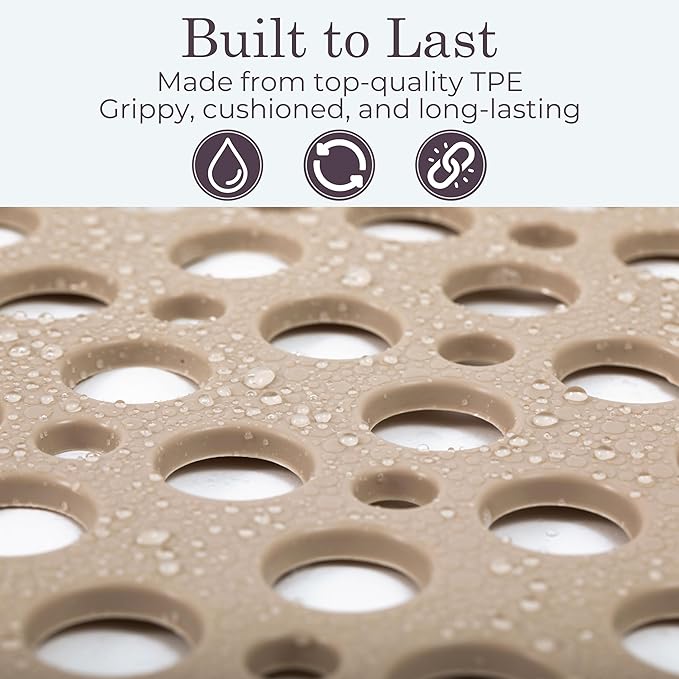 LUMA HOME Non Slip Bathtub Mat and Shower Mat Beige TPE Strong Suction Cups Aesthetic Bath Mat for Inside Shower with Soft Texture, Quick-Dry Drain Holes, Spa-Inspired Design 30x17” (75x43 cm) (2)