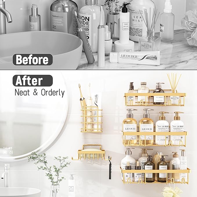 10 Pack Shower Caddy Organizer Rack Shelf for Inside Shower, Self Adhesive Wall Storage Basket Rustproof Stainless Steel Shampoo Holder Bathroom Accessory Decor Set, Gold