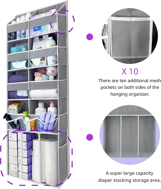 Extra Large Over The Door Organizer with Clear Pockets - 8 Compartments & XL Bottom Storage, Heavy-Duty Hanging Organizer for Bathroom, Bedroom, Closet (57 Inch Height).