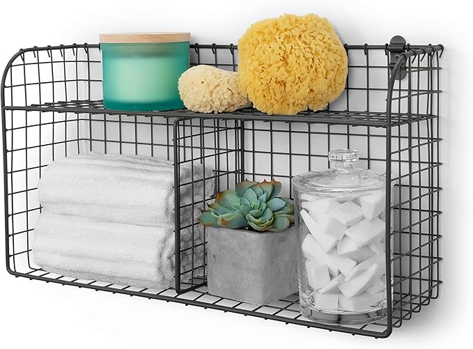 Spectrum 2 Bin Wall Mounted Wire Basket with Shelf Industrial Gray Organizer, Wall Mount Wire Basket Shelves for Kitchen Storage, Vintage Double Bin with Shelf Wall Mount Wire Storage for Organization