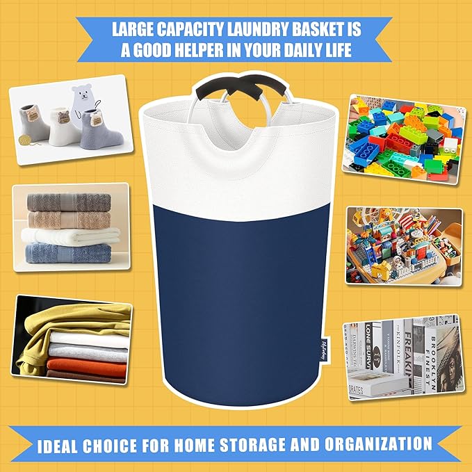 125L Laundry Basket, Collapsible Laundry Hamper with Padded Handles, Waterproof Laundry Bag, Tall Clothes Hamper Stand Up Well, Foldable Laundry Baskets for Easy Storage(Navy Blue)