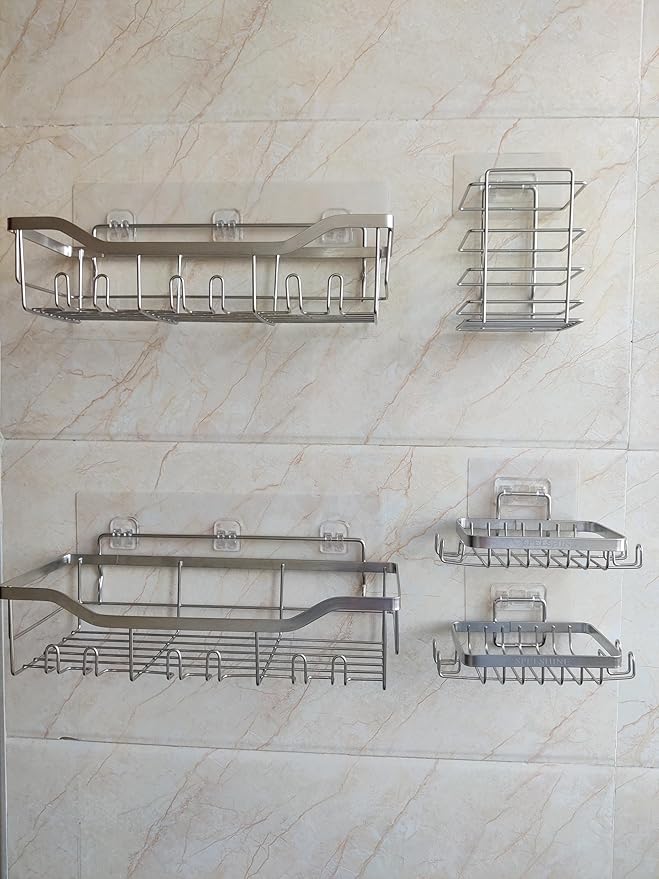 Shower Caddy Bathroom Organizer 5 Pack,Shower Shelf - 304 Stainless Steel,Anticorrosive,Rust-Proof,Waterproof Kitchen & Bathroom Shelvs Storage and Organization - Silver Shower Shelves
