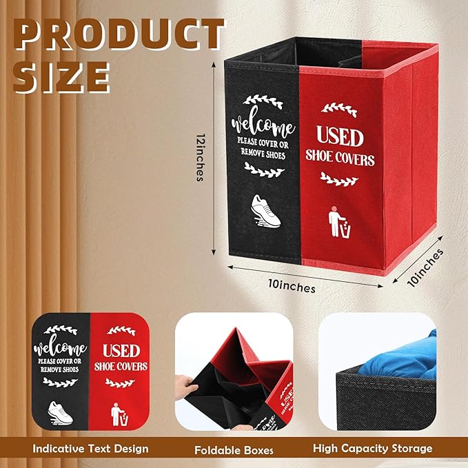 Shoe Cover Box Dispenser Foldable Storage Bin Holder with Used Shoe Covers and Welcome Please or Remove Sign for Open House Supplies(Black, Red)