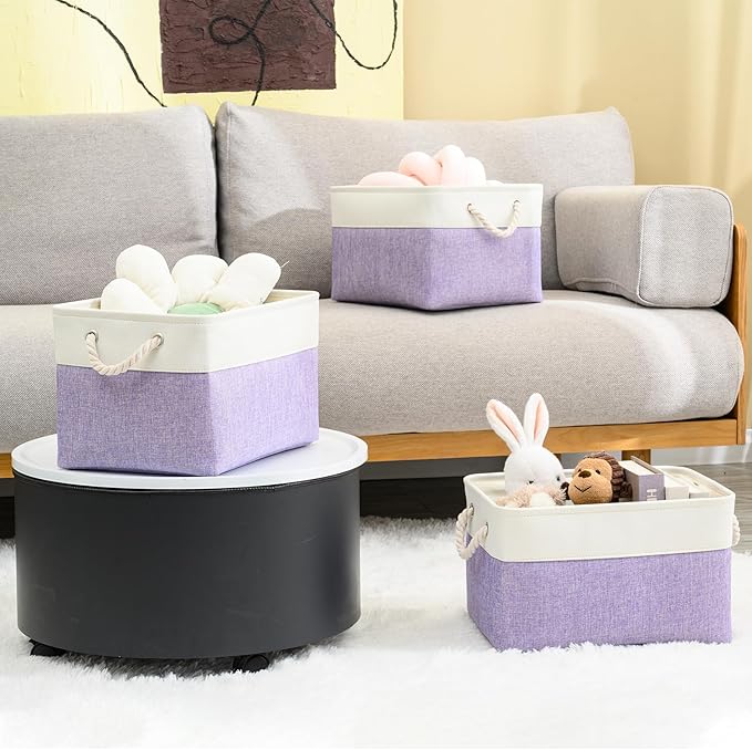 DUHEL Storage Bins 3 Pack, Fabric Storage Basket for Collapsible Medium Canvas Storage Baskets for Organizing Shelf Nursery Home Closet . (White&Purple-3PCS)