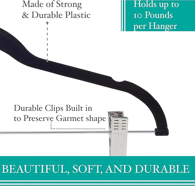 Simplify 60 Pack Velvet Hangers with Clips | Skirt and Pants | Slim Space Saving | Closet Organization | Non-Slip | Prevent Creases | Swivel Neck | Durable | Black
