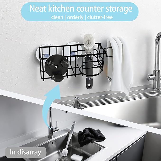 Sponge Holder Smile Face with Dish Cloth Hanger for Kitchen Sink, In-sink Caddy Organizer with Suction Cups & Adhesive Strips, Rustproof Sponge Rack for Soap, Brush, Scrubber - Black（2 Pack）