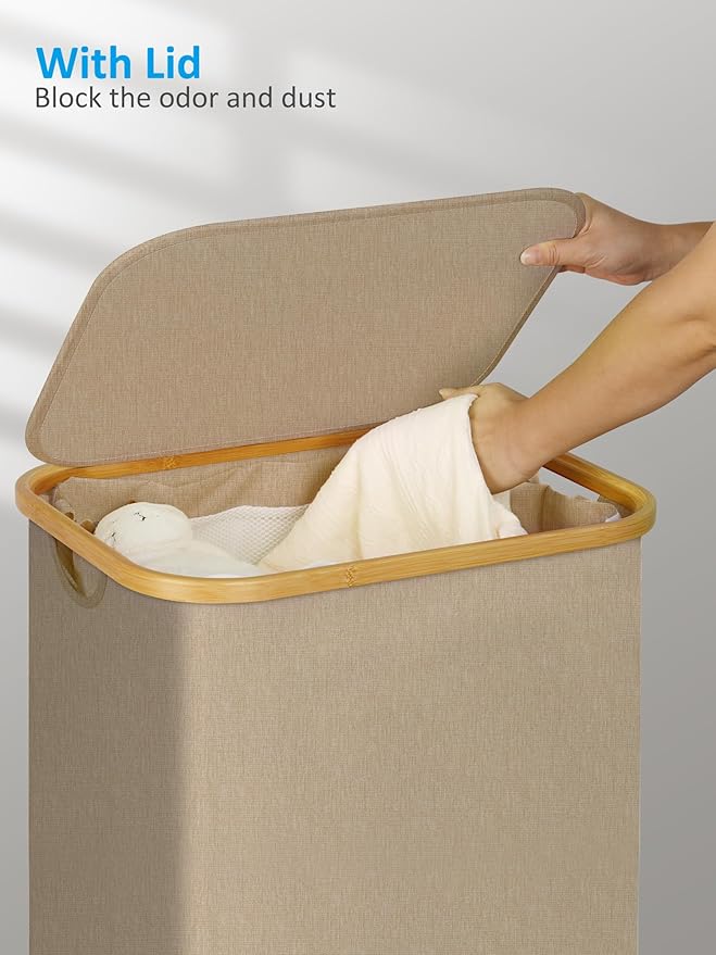 efluky Laundry Basket with Wheels, Tall Rolling Laundry Hamper with Lid and Removable Bag, Aesthetic Dirty Clothes Hamper on Wheels for Laundry Room, Bedroom, Dorm and Bathroom, 100L Oatmeal