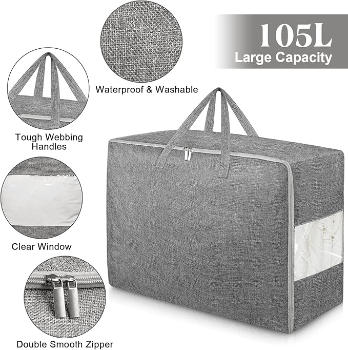Extra Large Storage Bags, Folding Moving Comforter Blanket Storage Bags Closet Organizers and Storage Containers for Clothes with Clear Window for Bedding Pillow (Grey, 3 x 105L)