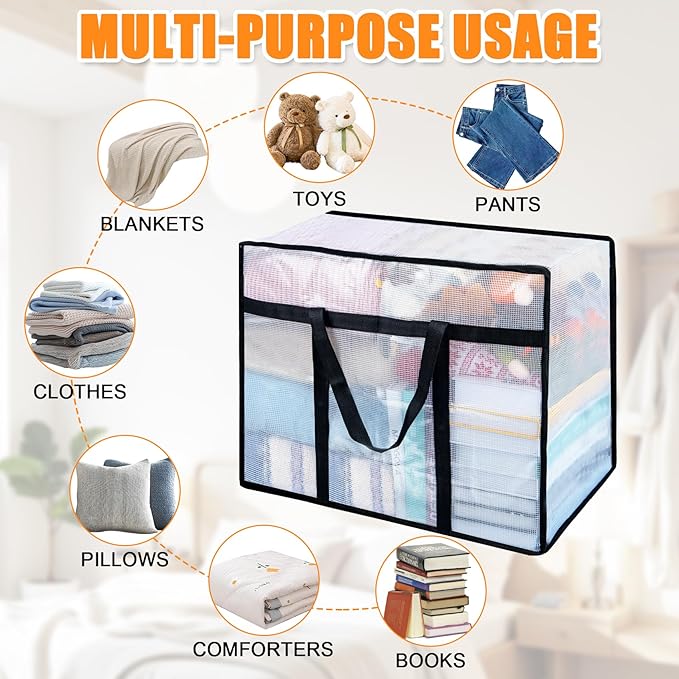 4 Pack Clear Blanket Storage Bags, 60L Plastic Comforter Clothes Storage Bags Underded Moving Bags Closet Organizers and Storage Zippered Sturdy Handle for Bedding, Clothes, Linen, Toys, Quilt, Duvet