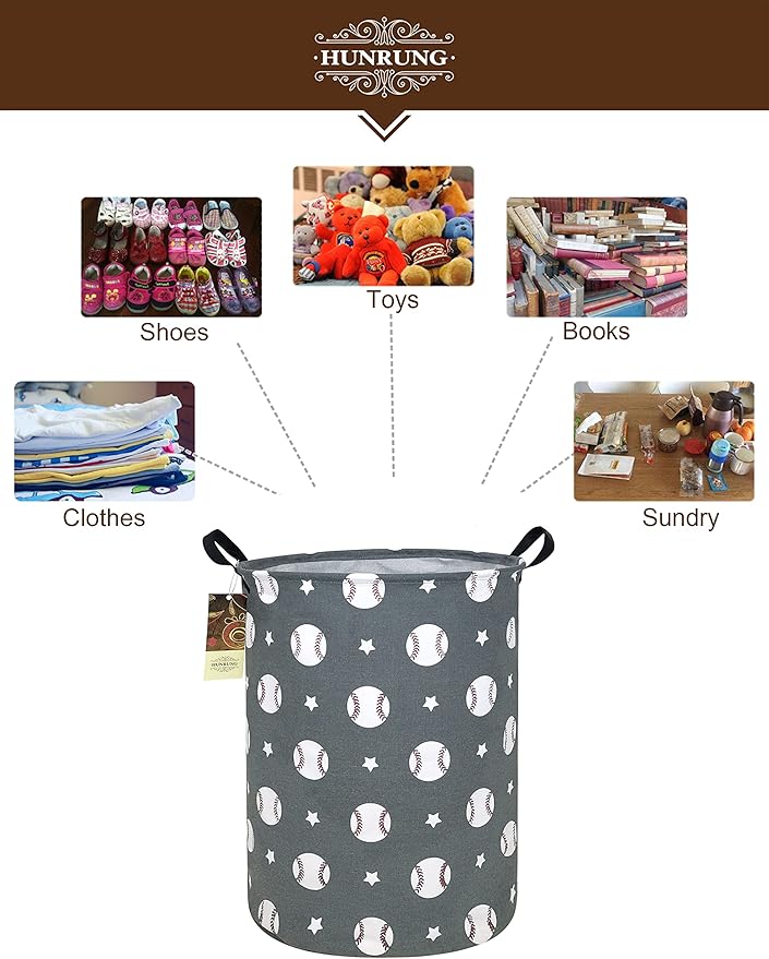 HUNRUNG Laundry Hamper,Large Canvas Fabric Lightweight Storage Basket Toy Organizer Dirty Clothes Collapsible Waterproof for College Dorms, Children Bedroom,Bathroom（Round-Grey Baseball）