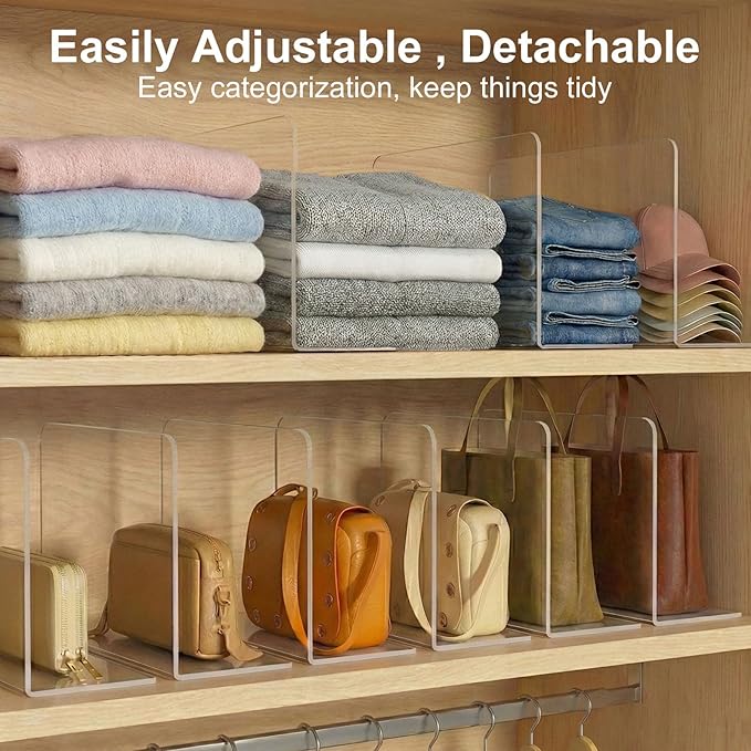 Shelf Dividers for Closet Organization: 10" Tall x 12" Deep, Adhesive Separators Features Acrylic Material and Provides Storage for Clothes and Purses in Bedroom Cabinets(8-Pack)