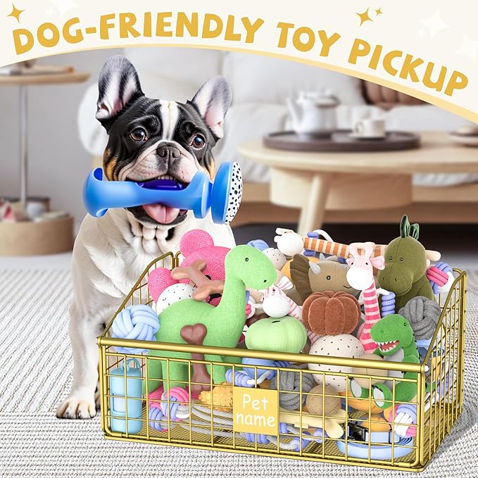 Indestructible Dog Toy basket, Medium Toy Box for Dogs,Pet Toy Bin Dog Metal Basket for Toys, Toy Storage Organizer, Toy Box for Living Room Area (Gold)
