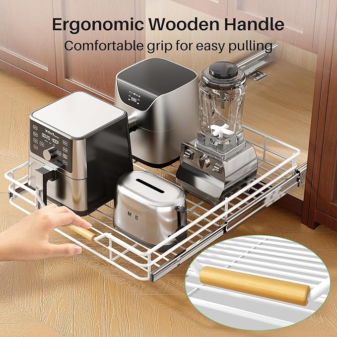 Pull out Cabinet Organizer, 18"W X 21"D, Heavy Duty Smooth Sliding Under Cabinet Shelves for Pots and Pans, Full-Extension Roll out Drawers, Slide out Organization for Home Kitchen Pantry, White