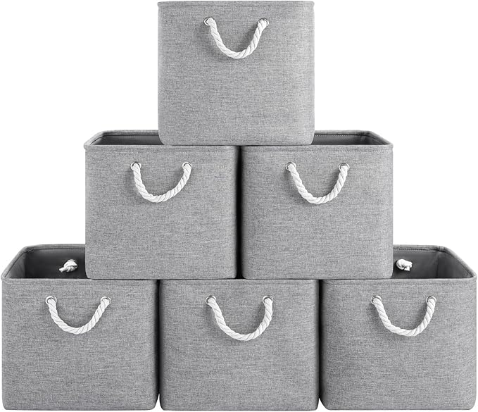 13x13 Inch Cube Storage Bins with Reinforced Bottom Cardboard, 6 Pack Large Foldable Fabric Storage Cubes with Handles for Shelf, Closet, Laundry Organization (Grey)