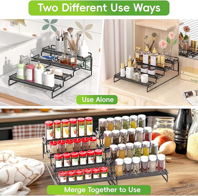 4 Tier Adjustable Spice Rack Organizer for Cabinet - Black (2 PCS S&L) Expandable Spice Shelf with Protection Railing for Inside Cabinets, Countertop, Pantry Storage & Seasoning Organization