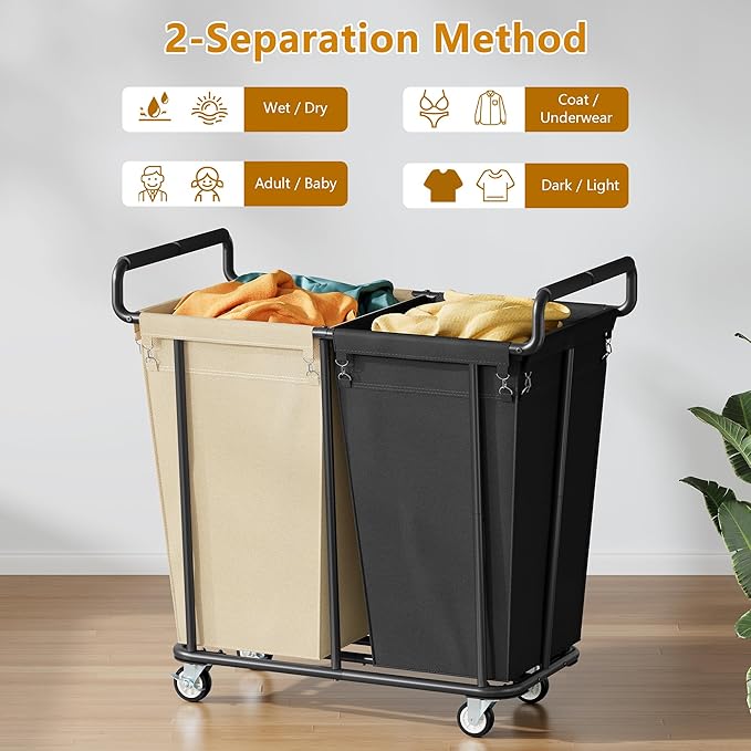 Large laundry hamper with Wheels, 2 Bag 360L Big Rolling Laundry Basket Sorter Cart, Extra Large Laundry Clothes Hamper, Heavy Duty Laundry Basket Organizer for Laundry Room,Bathroom