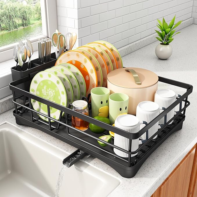 SAYZH Dish Drying Rack - Stainless Steel Dish Rack for Kitchen Counter, Large-Capacity Dish Drainer with Cutlery Holder, Kitchen Organizer for Dishes, Spoons and Forks, Black