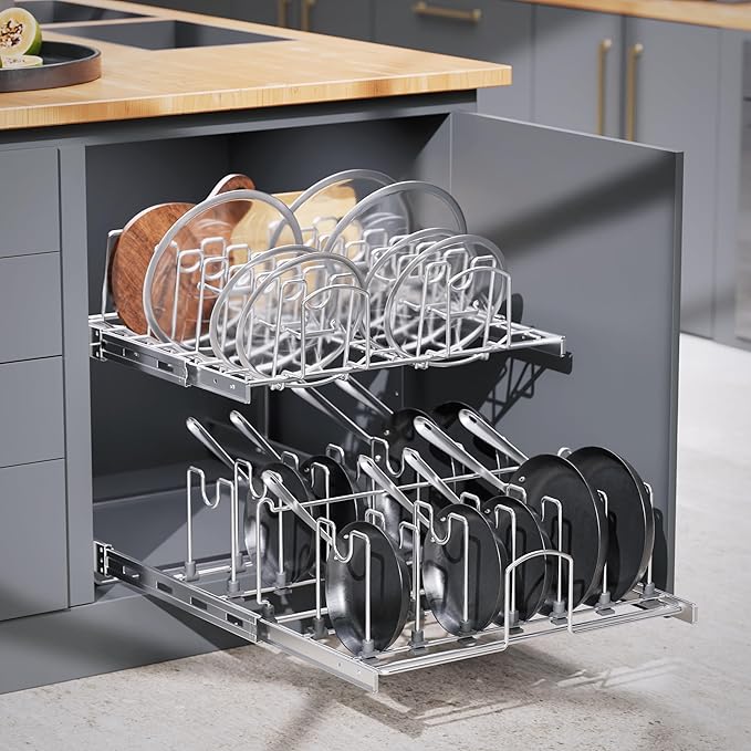 2-Tier Kitchen Pull out Cabinet Organizer for Pots, Pans, and Lid Cookware, Adjustable Heavy Duty Wire Pan and Pot Rack, Full-Extension Rail 12" W *22" D