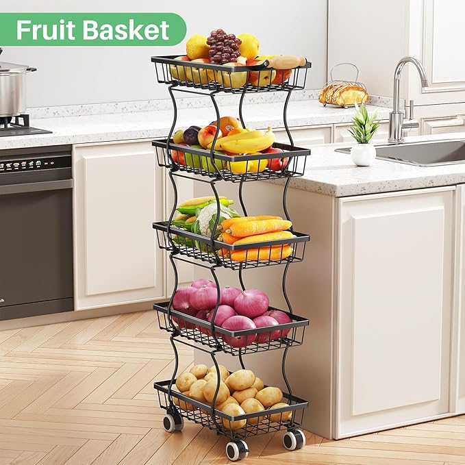 SAYZH Fruit Basket Kitchen Pantry Organizers and Storage - 5 Tier Stackable Metal Wire Basket Stand for Fruit Vegetable Snacks Jars Bins Containers Organization, Black