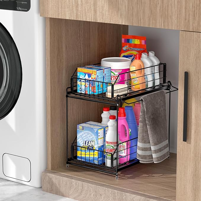 SUEH DESIGN Under Sink Organizer, 2 Tier Bathroom Cabinet Organizer Metal Kitchen Sink Organzier with Hanging Rail for Kitchen Bathroom Organization and Storage, 1 Pack