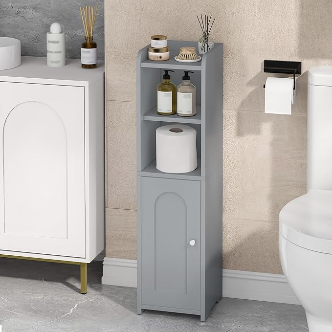 Bathroom Storage Cabinet, Corner Floor Cabinet with Doors and Adjustable Shelf, Narrow Toilet Paper Cabinets, Bathroom Organizer for Small Spaces, Gray BC19721X