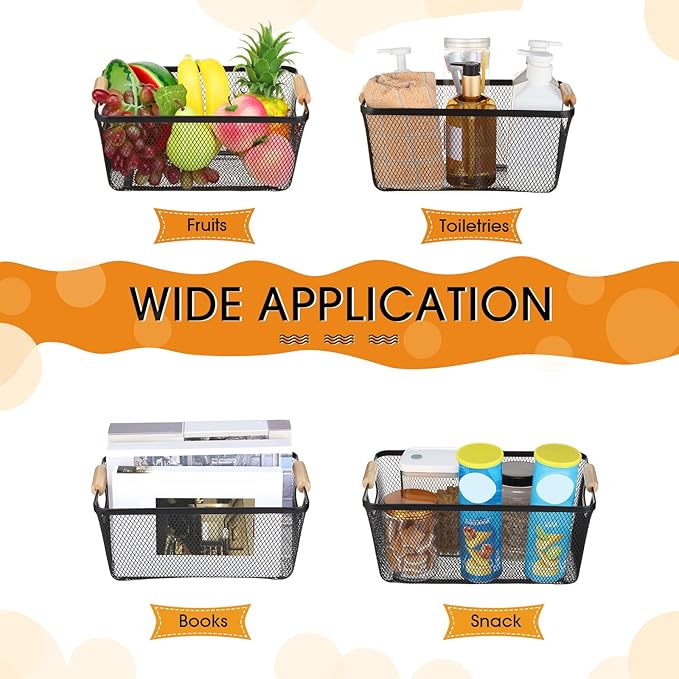 4 Pcs Metal Wire Basket with Wooden Handles Mesh Steel Storage Organizer Bin Containers for Home Organizing Cabinet Pantry Closet Kitchen Fridge Fruit Makeup Snacks Gifts(Medium,Black)