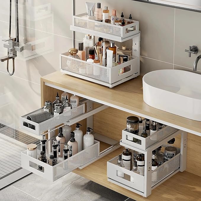 Corbyles 2 Pack Under Sink Organizer With Next-Gen Ball-Bearing Slides,2-Tier Pull Out Cabinet Storage,Height Adjustable Drawer Shelf for Bathroom,Kitchen,Laundry,Cabinet,Pantry(Patent Pending)