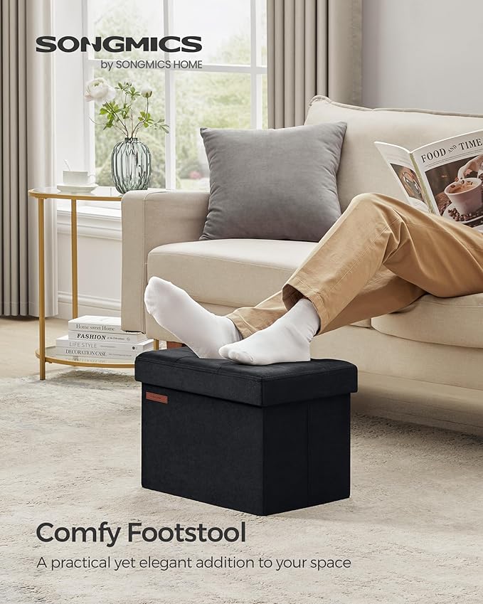 SONGMICS Storage Ottoman, Foldable Small Ottoman Foot Rest, 12.2 x 16.1 Inches Foot Stool, Ottoman with Storage, Load up to 286 lb, for Living Room, Bedroom, Dorm, Ink Black ULSF200B01
