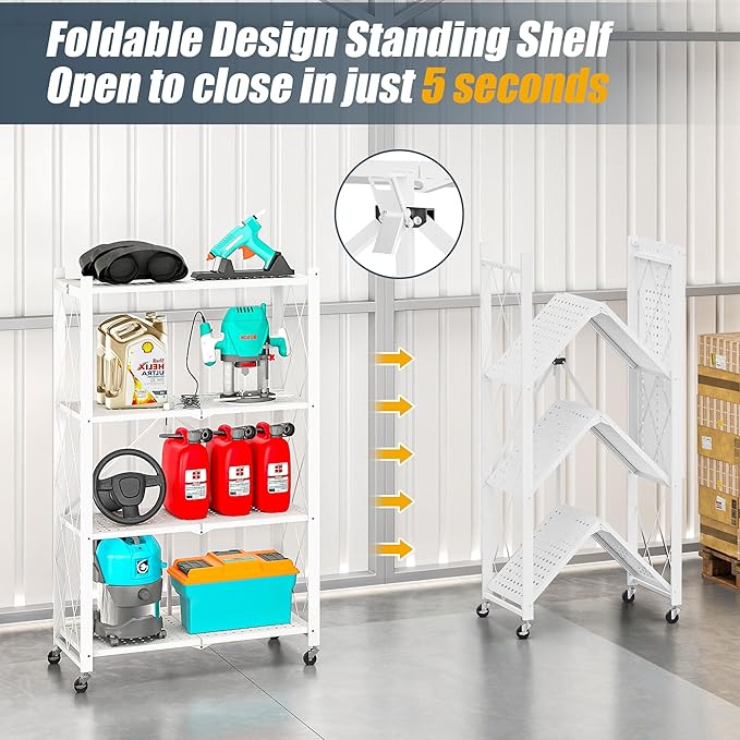 4-Tier Folding Metal Storage Shelf with Wheels, No Assembly Organizer Rack, Heavy Duty Collapsible Shelving Unit for Garage, Kitchen, Basement, Pantry, Living Room(New Upgrade - White, 4 Tier)